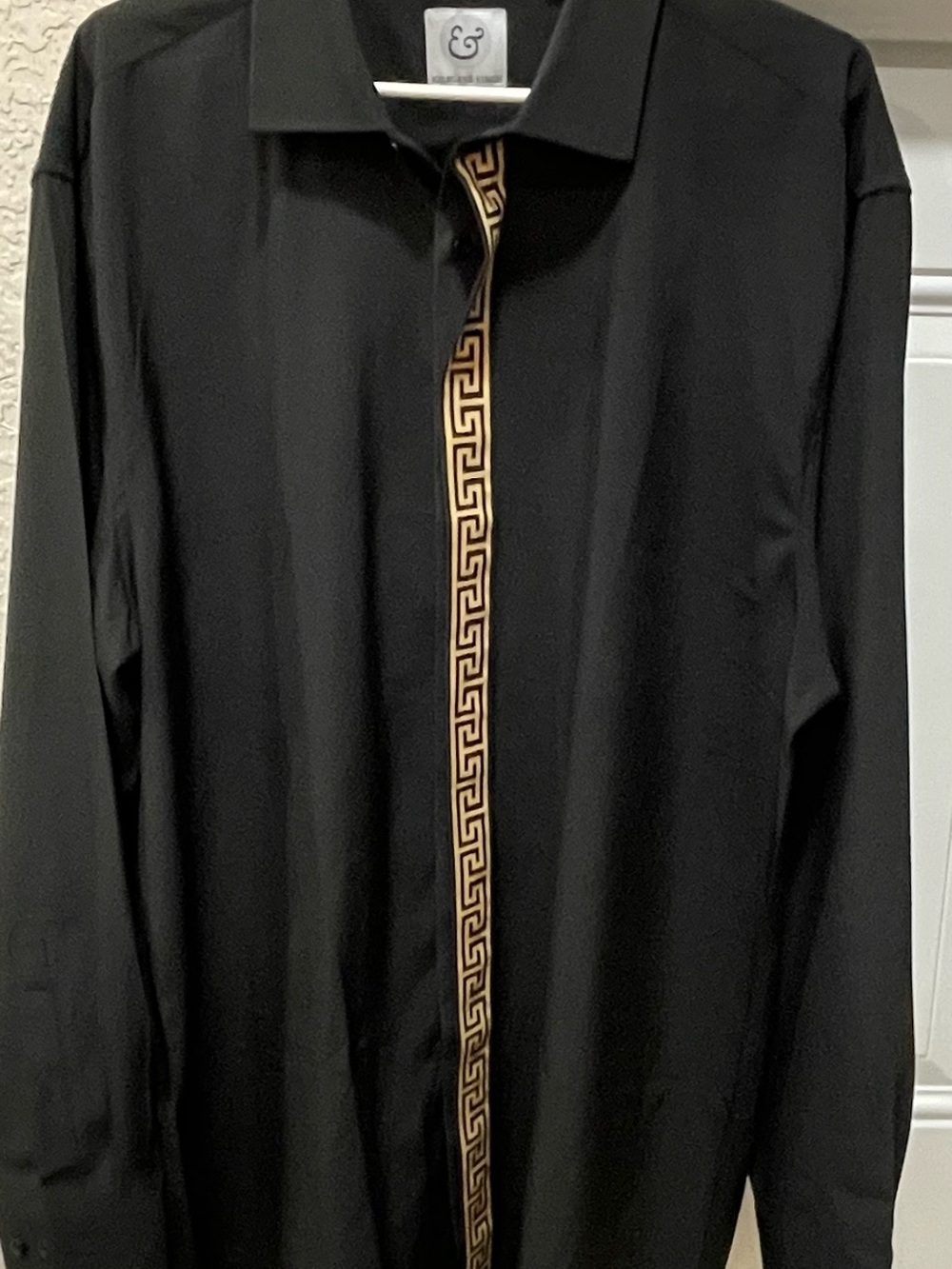 Black Dress Shirt with Gold Geometric Trim
